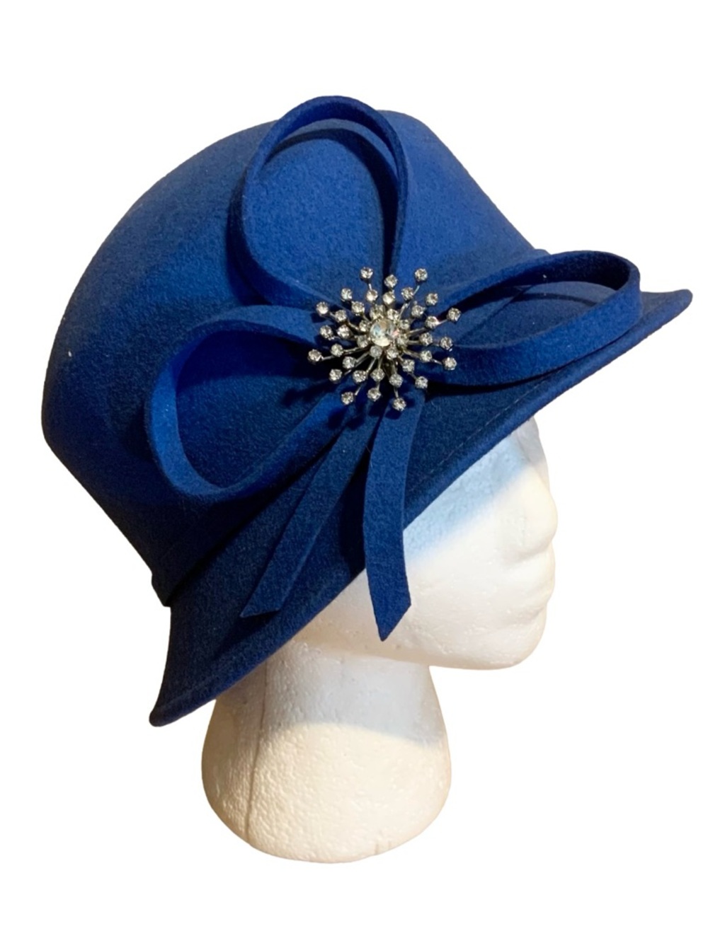 VINTAGE 1980'S DEBORAH FASHIONS BLUE WOOL CLOCHE HAT W/SPUTNIK BROOCH ACCESSORY